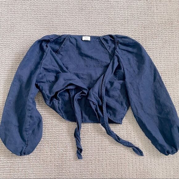 Aritzia Wilfred Linen Tie-Front Crop Top Blouse XS - Navy Blue - Picture 4 of 8